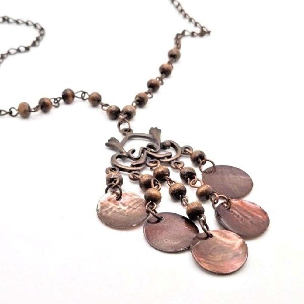 Bronze Tone Chain Brown Wooden Beads and Mother of Pearl Disc Fringe Necklace‎